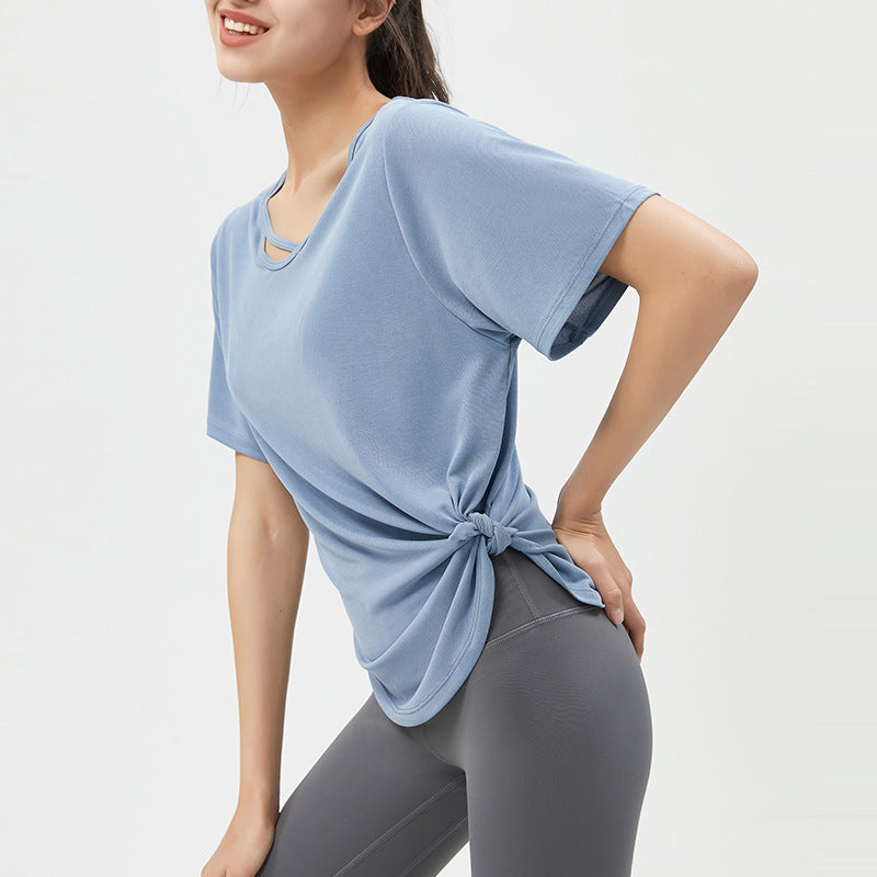 Yoga T-shirt, Yoga wear, Top, Short sleeve, Round neck, 5 colors, Side ribbon, Curved hem, Body cover, Cover up, Breathable, Quick drying, Thin, Loose fit, Sports, Fitness, Stylish, Soft, Lightweight, Running, Gym, S~XL