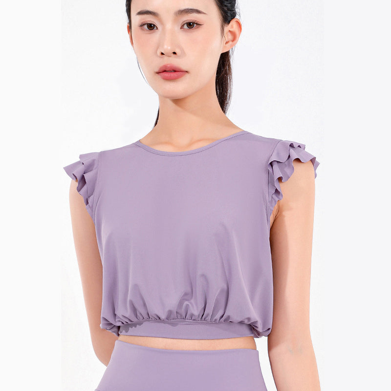 ヨガtシャツ ヨガトップス バックスリット 肩フリル 羽織り ギャザー チュニック めくれない 	へそ出し 激安 ラウンドネック 無地 全4色 速乾 ゆったり スポーツ 軽さ ピラティス 	スポーツ フィットネス ランニング S-XL