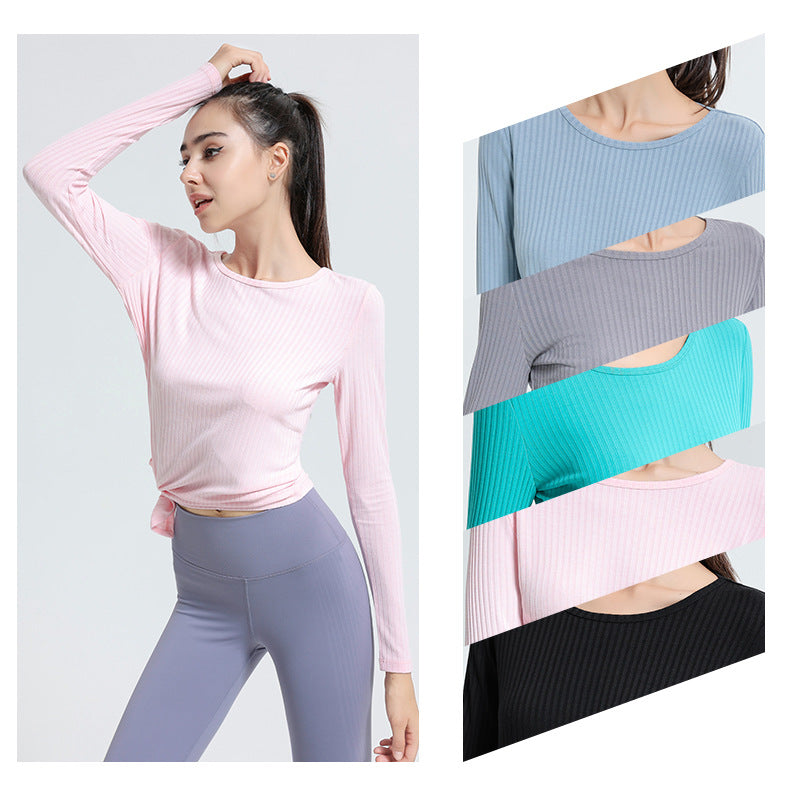 Yoga tops, long sleeves, round neck, stripes, 3 colors to choose from, running, open back, slimming design, popular item, S~XL