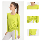 Yoga T-shirt, Yoga Top, Wrap-around, Long Sleeve, Loose Fit, Thin, Soft, Breathable, Shirring, Round Neck, Solid Color, 4 Colors, Long, Non-Constricting, Sports, Fitness, Quick Drying, S-XL