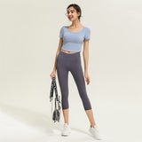 Yoga T-shirt, Yoga Top, Short Sleeve, Covers Upper Arms, With Cups, Pad, Round Neck, Open Back, Back Cross, Cropped Length, Cute, Shows Belly Button, Running, Sports, Training, Fitness, 4 Colors, S~XL