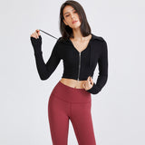 Yoga top, long sleeves, turn-down collar, 4 colors to choose from, high waist, stylish, fashionable, cute for adults, very popular, luxurious, slimming, breathable, zipper, S~L