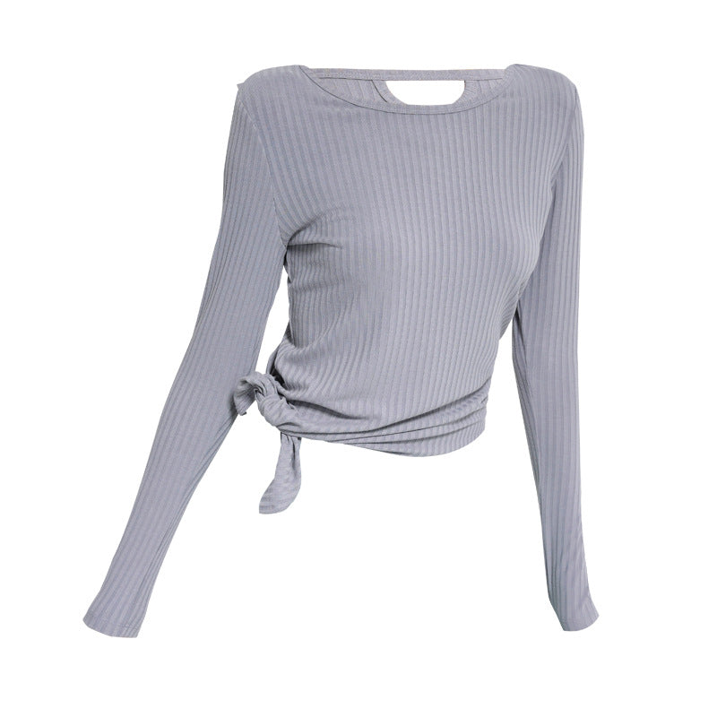Yoga tops, long sleeves, round neck, stripes, 3 colors to choose from, running, open back, slimming design, popular item, S~XL