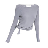 Yoga tops, long sleeves, round neck, stripes, 3 colors to choose from, running, open back, slimming design, popular item, S~XL