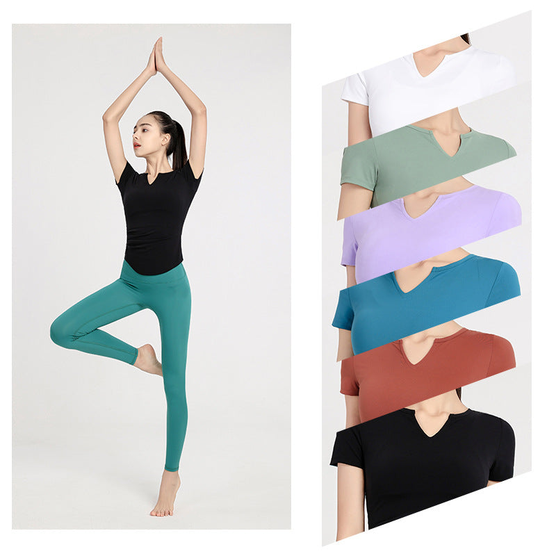 Yoga top, short sleeve, V-neck, 6 colors to choose from, breathable, quick-drying, sweat-absorbent, lightweight, sports, slimming, sweet, stylish, elegant, everyday, charming, S~XL
