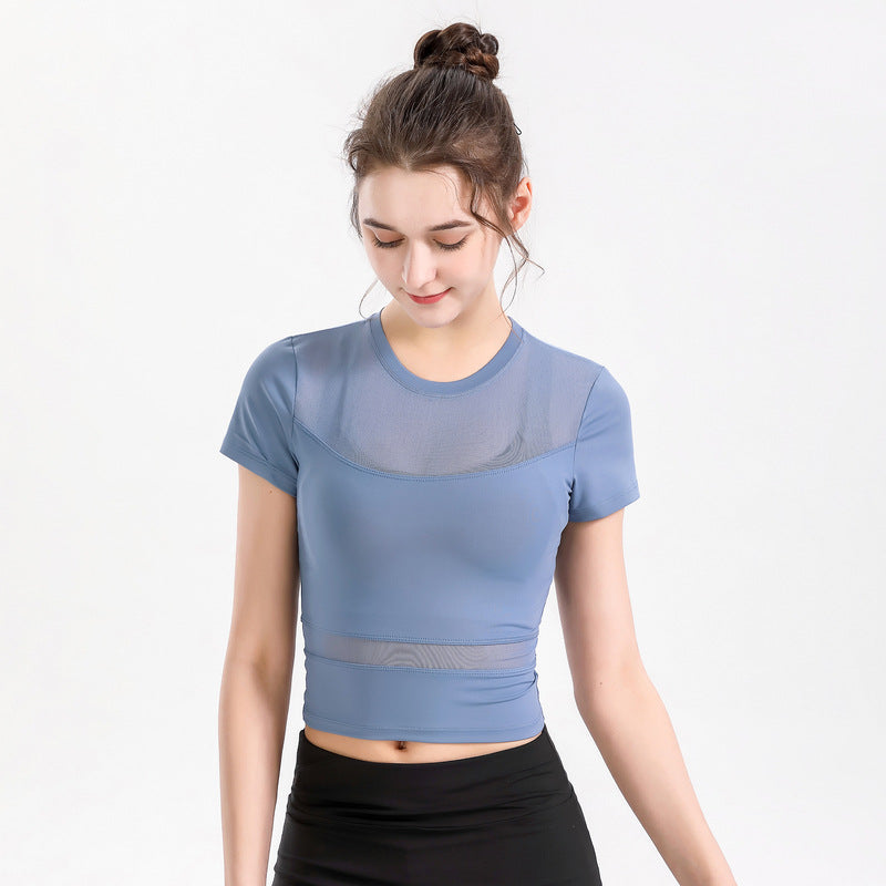 Short sleeve yoga top, round neck, solid color, 4 colors to choose from, tulle, simple, sweet, cute, S~XL