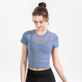 Short sleeve yoga top, round neck, solid color, 4 colors to choose from, tulle, simple, sweet, cute, S~XL