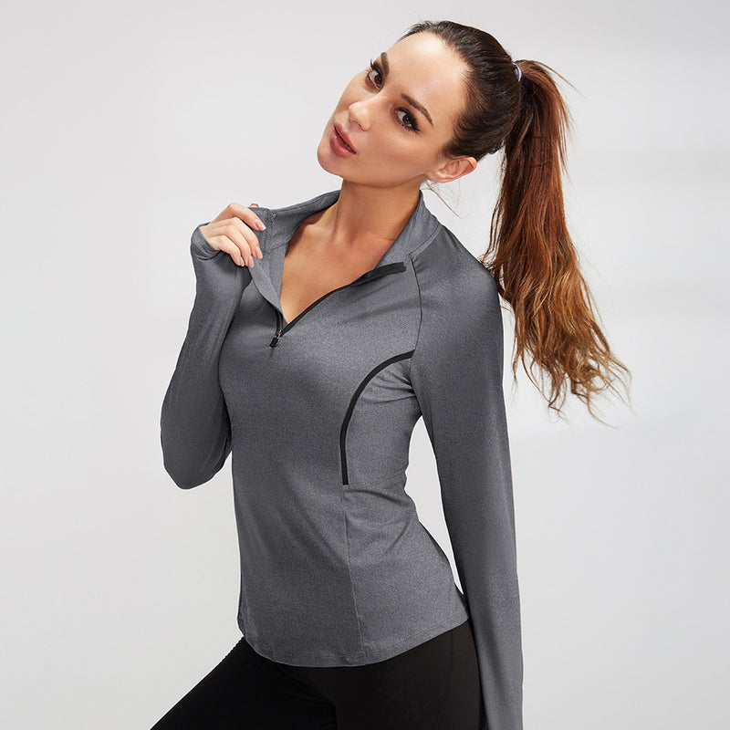 Yoga wear, hoodie, long sleeves, zipper, won't turn up, stretch, quick drying, comfortable, soft, large size, body coverage, straight bone structure, breathable, stand neck, 8 colors, sports, fitness, running, S-XXL