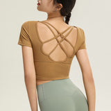 Yoga T-shirt, Yoga Top, Short Sleeve, Covers Upper Arms, With Cups, Pad, Round Neck, Open Back, Back Cross, Cropped Length, Cute, Shows Belly Button, Running, Sports, Training, Fitness, 4 Colors, S~XL