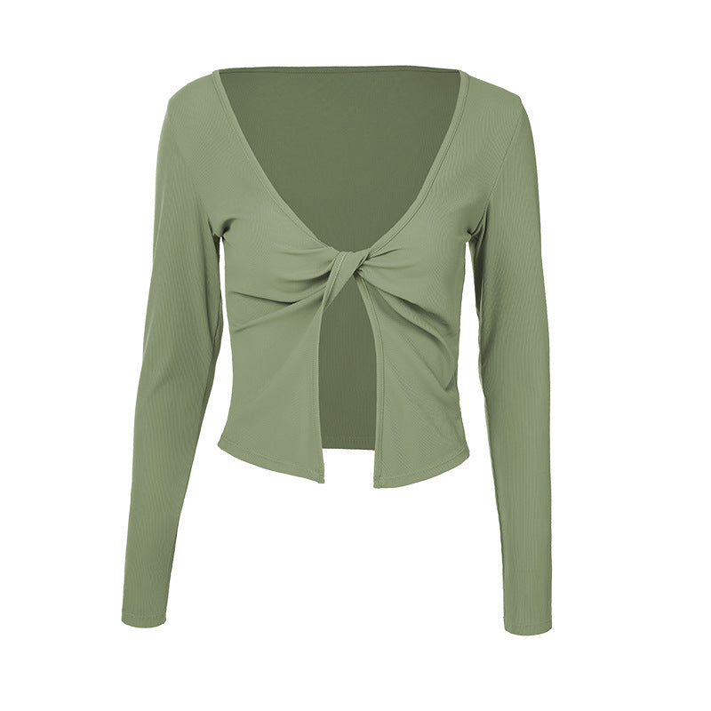 Yoga wear tops, v-neck, front opening, quick drying, breathable, twisted rib, belly button exposed, long sleeves, 4 colors, slimming, sports, fitness, running, dance, SL