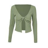 Yoga wear tops, v-neck, front opening, quick drying, breathable, twisted rib, belly button exposed, long sleeves, 4 colors, slimming, sports, fitness, running, dance, SL