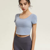 Yoga T-shirt, Yoga Top, Short Sleeve, Covers Upper Arms, With Cups, Pad, Round Neck, Open Back, Back Cross, Cropped Length, Cute, Shows Belly Button, Running, Sports, Training, Fitness, 4 Colors, S~XL