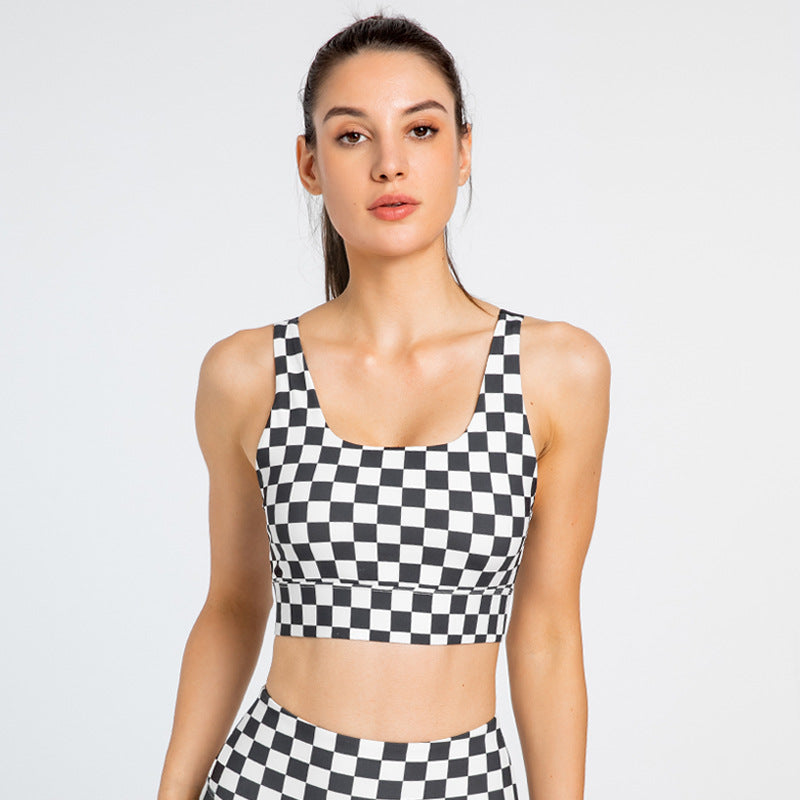 Yoga bra top, U-neck, check pattern, with cups, open back, push-up, wide shoulder straps, bra, wide hem, no shaking, no wires, sports, fitness, running, stylish, comfortable, soft, beautiful, breathable, natural, 3 colors available, S-XL