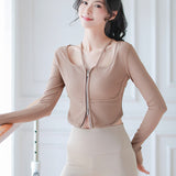 Yoga Tops Cardigans with Finger Holes, Long Sleeves, Front Opening, Curved Hem, Ribbed, Cropped Length, Halter Neck, Breathable, Casual, 4 Colors, Soft, Elastic, Sports, Fitness, Gym, Pilates, Running, Stylish, Comfortable, S-XL