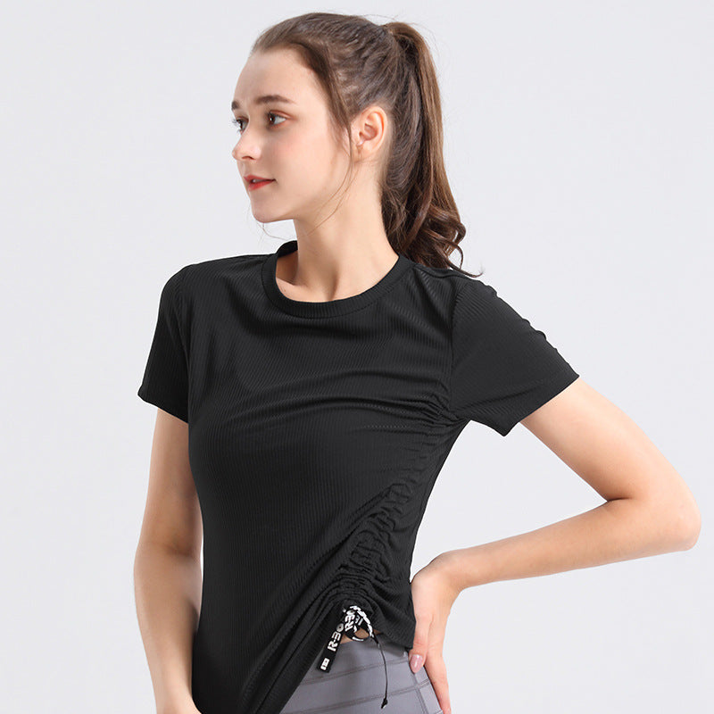 Yoga T-shirt, Yoga Top, Shirred, Round Neck, 4 Colors, Wrap-around, Long, Short Sleeve, Sweat Absorbent, Quick Drying, Loose Fit, Slimming, Breathable, Casual, Gathered, Curved Hem, Sports, Fitness, Running, S-XL