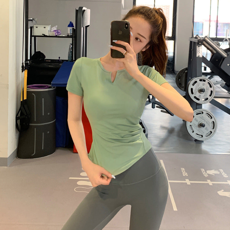 Short sleeve yoga top, round neck, solid color, fitness, sports, full of temperament, women's, strong elasticity, S~L