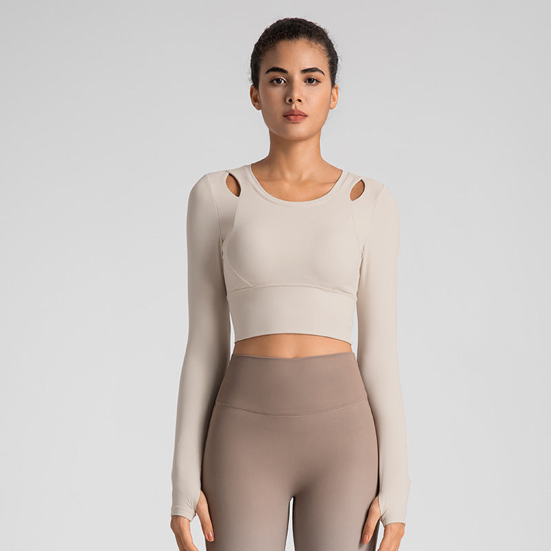Yoga T-shirt, long sleeves, cupped, finger holes, fuller, open shoulders, no shaking, belly button exposed, cropped length, slimming, round neck, solid color, 4 colors available, sports, fitness, running, pilates, comfortable, yoga top, S-XL