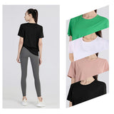 Yoga top, short sleeves, round neck, solid color, 4 colors to choose from, breathable, thin, irregular, casual, sweet, elegant, full of character, pretty, easy to match, S~XL