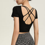 Yoga T-shirt, Yoga Top, Short Sleeve, Covers Upper Arms, With Cups, Pad, Round Neck, Open Back, Back Cross, Cropped Length, Cute, Shows Belly Button, Running, Sports, Training, Fitness, 4 Colors, S~XL