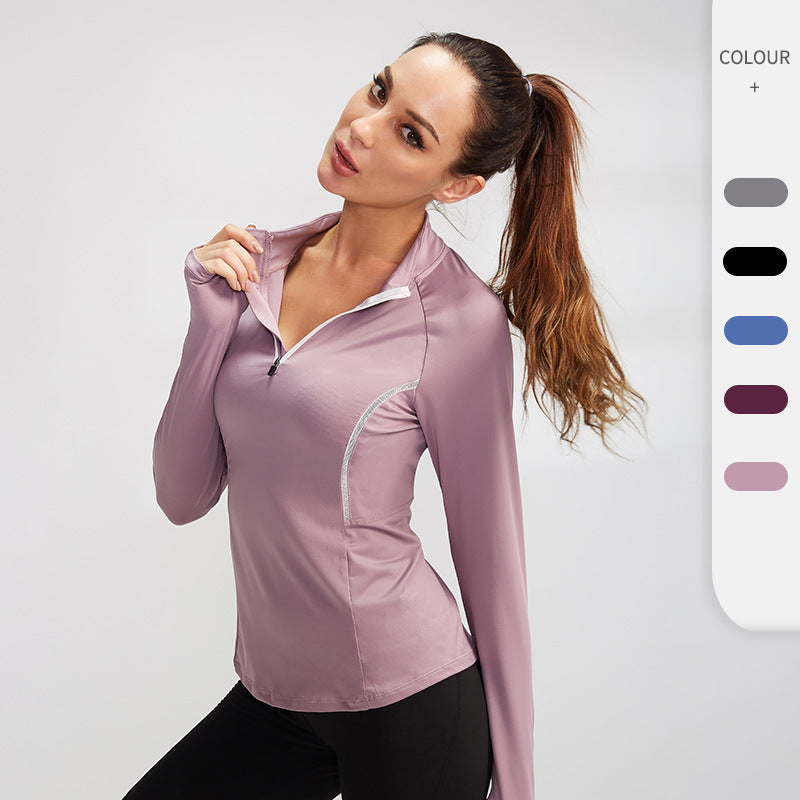 Yoga wear, hoodie, long sleeves, zipper, won't turn up, stretch, quick drying, comfortable, soft, large size, body coverage, straight bone structure, breathable, stand neck, 8 colors, sports, fitness, running, S-XXL