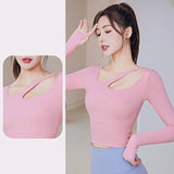 Yoga top, long sleeves, with cups, no shaking, belly button exposed, wide hem, finger holes, stylish bustier, stretch, sweat absorbing, quick drying, breathable, large size, sexy, asymmetrical, 4 colors, openwork, Pilates, sports, fitness, running, S-XXL