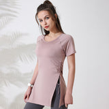 Yoga T-shirt, short sleeves, yoga wear, top, long, round neck, 5 colors available, thin, hip concealment, drawstring, shirring, side slits, quick drying, casual, popular, body coverage, loose, breathable, slim, elegant, running, fitness, sports, S~L 