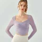 Yoga top with cups, open back, tulle, long sleeves, curved hem, quick drying, thin, clean, breathable, see-through, cross, gathered, short length, sheer, square neck, 4 colors, no wires, sports, fitness, stylish, S-XL 