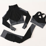 Yoga set, outerwear + bra top + leggings, three-piece set, long sleeves, sports, zipper, quick-drying, slimming, beautiful, training, S~L