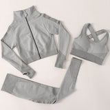 Yoga set, outerwear + bra top + leggings, three-piece set, long sleeves, sports, zipper, quick-drying, slimming, beautiful, training, S~L