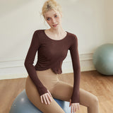Yoga T-shirt, wrap, stretch, cross hem, ruffles, finger holes, long sleeves, sweat wicking, quick drying, round neck, ribbed, 4 colors, tight, soft, natural, belly button showing, sports, fitness, Pilates, running, S-XL 