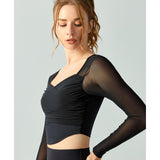 Yoga top with cups, open back, tulle, long sleeves, curved hem, quick drying, thin, clean, breathable, see-through, cross, gathered, short length, sheer, square neck, 4 colors, no wires, sports, fitness, stylish, S-XL 