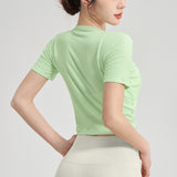 Yoga top, short sleeve, daily use, V-neck, short sleeve, ribbed, 5 colors to choose from, breathable, quick-drying, sports, fitness, lightweight, thin, ribbon, running, drawstring, gathered chest, S-XL