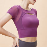 New Mesh Yoga Clothes Short Sleeve Women's Fake Two-Piece Hollow Beautiful Backless Breathable T-Shirt Running Sports Fitness Clothing Top 