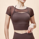 New Mesh Yoga Clothes Short Sleeve Women's Fake Two-Piece Hollow Beautiful Backless Breathable T-Shirt Running Sports Fitness Clothing Top 