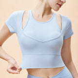 Summer New Fake Two-Piece Sports Yoga Short Sleeve Chest Pad Peach Heart Color Sports Short Sleeve Running Sports Fitness T 