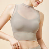 New Mesh High Neck Sports Yoga Short Sleeve Women's Sexy Breathable Fake Two-Piece Sports Bra Fitness Clothing Vest 
