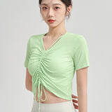 Yoga top, short sleeve, daily use, V-neck, short sleeve, ribbed, 5 colors to choose from, breathable, quick-drying, sports, fitness, lightweight, thin, ribbon, running, drawstring, gathered chest, S-XL