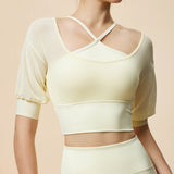 Spring New Fake Two-Piece Breathable Sports Yoga Short Sleeve V-Neck Nude Fixed Cup Running Sports T-Shirt Half Sleeve 