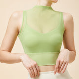New Mesh High Neck Sports Yoga Short Sleeve Women's Sexy Breathable Fake Two-Piece Sports Bra Fitness Clothing Vest 