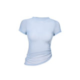 New Sexy Mesh High Neck Sports Yoga Short Sleeve Tight Gathered Running Sports Breathable Fitness Wear T-shirt Women 