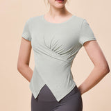 Summer New Style Sports Yoga Short Sleeve Women's Round Neck Twisted Chest T-Shirt Moisture Wicking Running Fitness Top for Women 