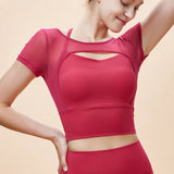 New Mesh Yoga Clothes Short Sleeve Women's Fake Two-Piece Hollow Beautiful Backless Breathable T-Shirt Running Sports Fitness Clothing Top 