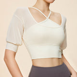 Spring New Fake Two-Piece Breathable Sports Yoga Short Sleeve V-Neck Nude Fixed Cup Running Sports T-Shirt Half Sleeve 