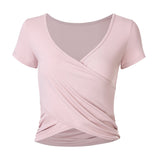 Summer new sports short sleeve women's crossover slimming yoga clothes gathered to cover the hem of the flesh, outdoor running sports blouse 