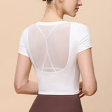 Summer Beautiful Backless U-Shaped Mesh Sports Short Sleeve Women's Pleated Body Hiding Yoga T-Shirt Running Sports Tight Top for Women 