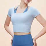 New Fake Two Piece Sports Yoga Short Sleeve Women's Tight Fit Wrinkle Waist T-Shirt with Chest Pad Running Sports Top 