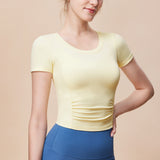 Summer Beautiful Backless U-Shaped Mesh Sports Short Sleeve Women's Pleated Body Hiding Yoga T-Shirt Running Sports Tight Top for Women 