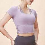 New Fake Two Piece Sports Yoga Short Sleeve Women's Tight Fit Wrinkle Waist T-Shirt with Chest Pad Running Sports Top 
