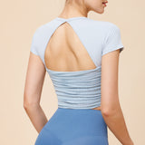 New simple big round neck sports yoga short sleeve beautiful back mesh moisture wicking T-shirt running fitness top for women 