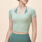 New Fake Two Piece Sports Yoga Short Sleeve Women's Tight Fit Wrinkle Waist T-Shirt with Chest Pad Running Sports Top 